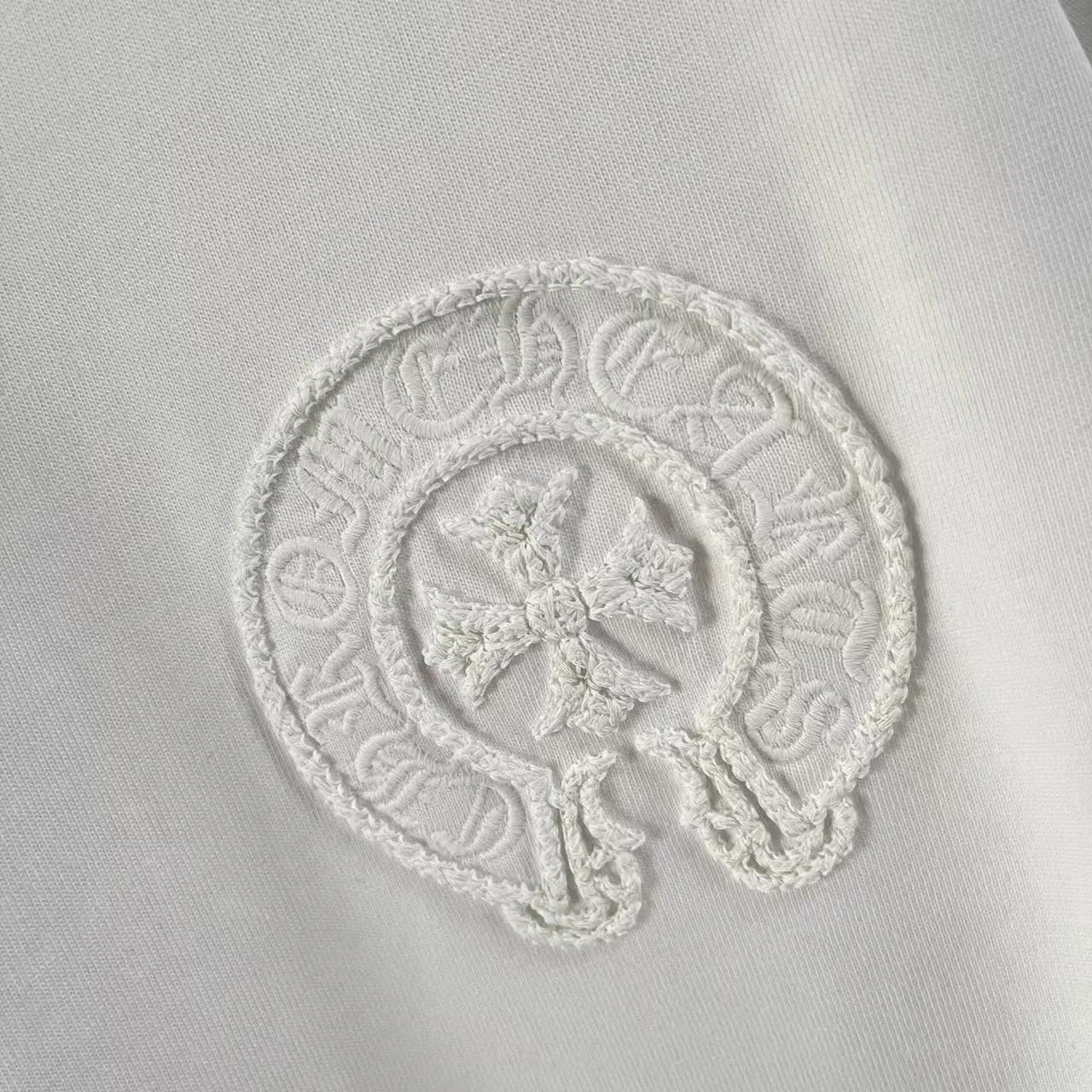 🅿️220 ch Cro* 2025 spring and summer new style Sanskrit horseshoe cross cross vacuum embroidery short-sleeved t-shirt custom fabric 300g same style for men and women Size: S M L XL XXL Five codes Color: black white